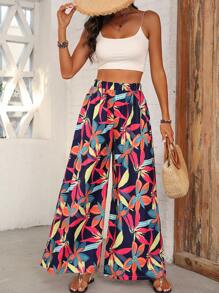 SHEIN PETITE Women's Casual Wide Leg Floral Print Pants, Vacation Style Fall Cloth For Women - Multicolor - View 6