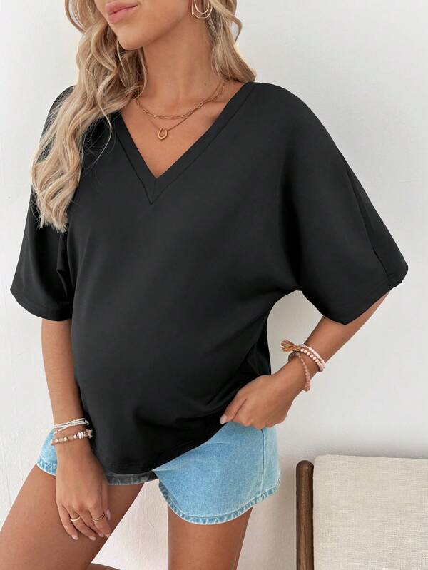 SHEIN Confortable T-shirt ample de maternité à col en V et manches chauve-souris, polyvalent pour les déplacements