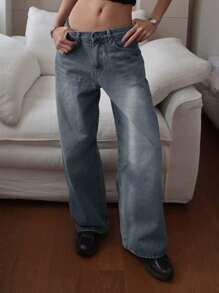 DAZY Quần jean denim nữ dáng rộng, rách, bạc màu - Màu xanh lam - Xem 4