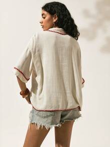 Easelle Apricot Woven Women's Short-Sleeved Shirt, Simple And Fashionable Design, Suitable For Summer Embroidery Style Boho Beach Style  Vacation Graphics Woman T Shirts