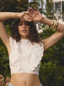 Aralina ملابس علوية صيفية أكمام بلا أكمام مطرزة بالأشكال المنمقة مع تريم دانتيل وكشكشة في الخلف - أبيض - مشاهدة 1