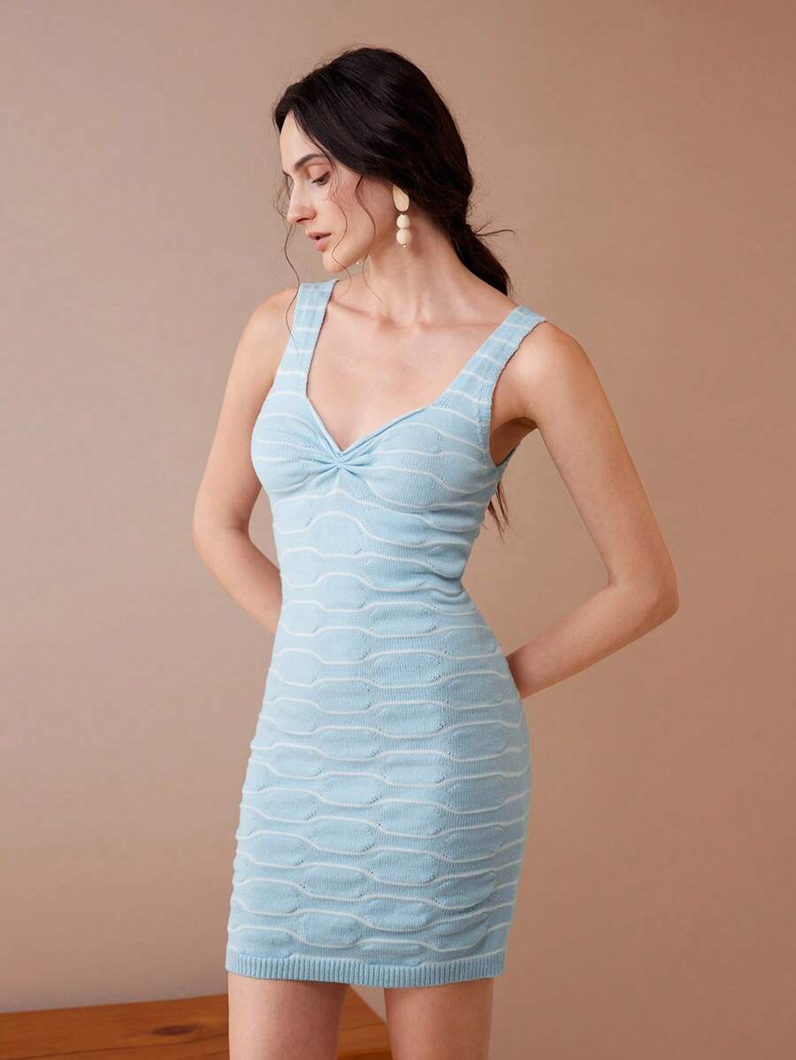 SHEIN LUNE 女式褶皱波浪褶修身性感度假中长针织紧身连衣裙 - 藍色 - 查看 1