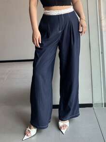 Dazy Plus Lace Paneled Waist Wide Leg Casual Palazzo Pants - Navy Blue - View 1