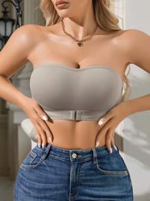 1pc Front Closure Gathering Wireless Bra, Women - Light Grey - View 5