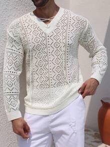 DAZY Men's Summer Solid White Openwork Texture Jacquard Knit Top - White - View 6