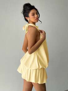 Aloruh Women's Vacation Solid Color Ruffle Hem Fashionable Halter Mini Dress,Summer Dresses For Women Dresses For Wedding Event,Yellow Short Dress - Yellow - View 6
