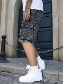 Manfinity Homme 男士深灰色酸洗牛仔百慕大短裤：前卫街头休闲风格，拉链细节