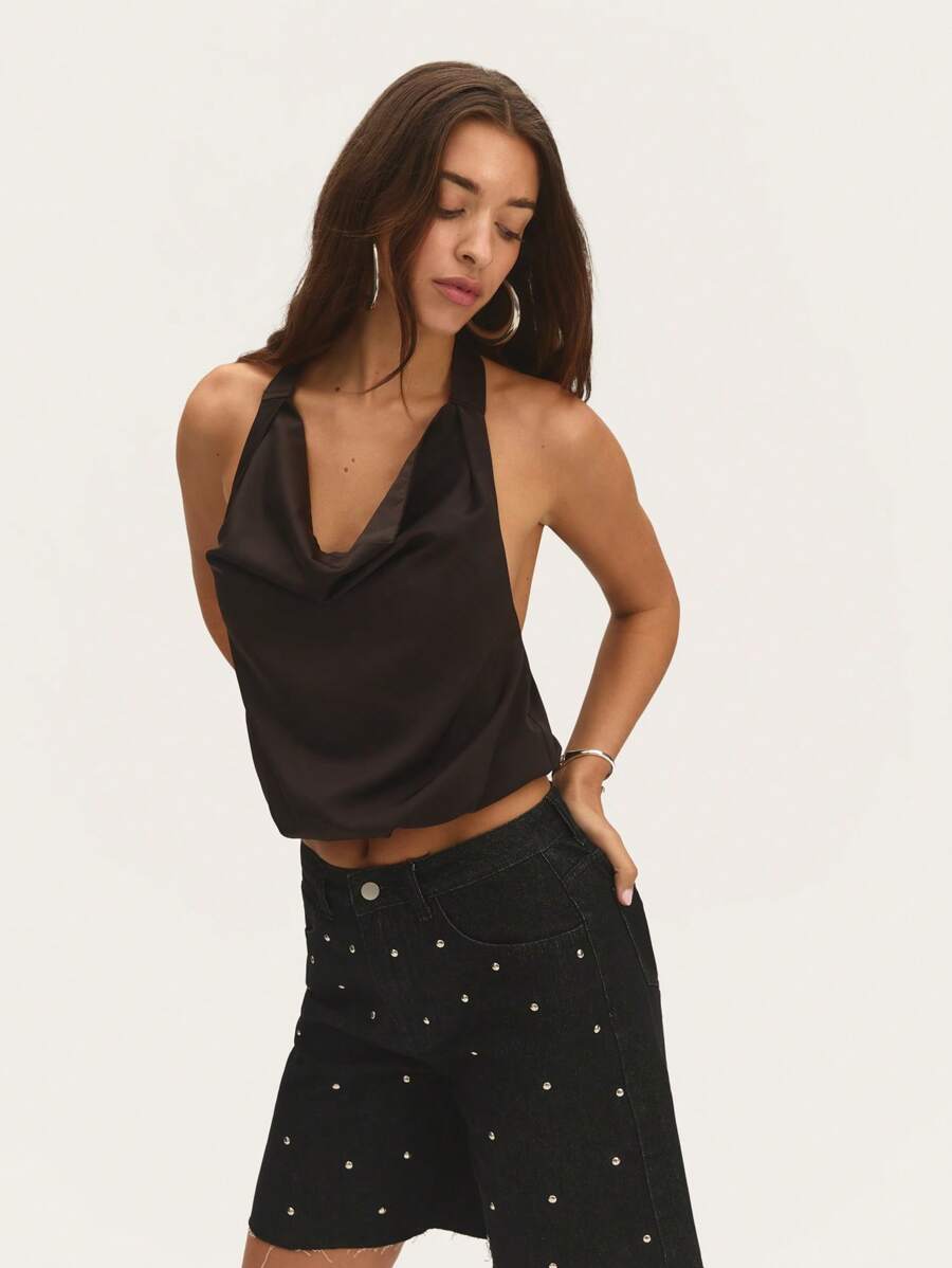 SHEIN Unity Áo cổ yếm màu đen Áo đen tinh tế với thiết kế cổ yếm thời trang và chi tiết phía trước mềm mại, rủ xuống. Hoàn hảo cho trang phục buổi tối và những dịp đặc biệt - màu đen - Xem 1