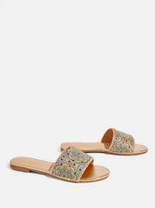 CUCCOO TILAWA Women's Summer Rhinestone Baroque Graphic Round Toe Flat Elegant Casual Minimalist Resort Gold Flat Sandals & Slippers For Beach, Holiday, Afternoon Tea