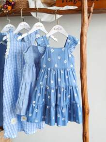 Vintaside Kids 年轻女孩夏季花卉印花方领盖袖可爱连衣裙，适合户外、海滩、休闲日常穿着、散步、生日派对等场合 - 藍色 - 查看 3