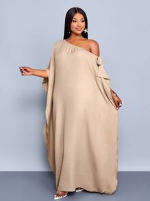 SOLERSUN Plus Size Women's Spring And Summer Solid Color Loose Casual Off-Shoulder Collar Cuffs Long Dress - Khaki - View 2