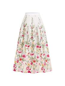 Ellevyn 2 件套优雅度假花卉印花圆领短袖衬衫和刺绣网眼松紧腰中裙套装女士