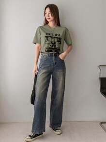 Dazy-Less Women's Loose Fit Letter Print Round Neck Casual Short Sleeve T-Shirt Summer Graphic Tee - Olive Green - View 2