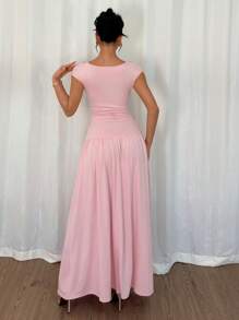 Gloray 女士优雅垂坠领口无袖连衣裙，修身喇叭裙，浅粉色，时尚夏季假日连衣裙 - 粉色 - 查看 2