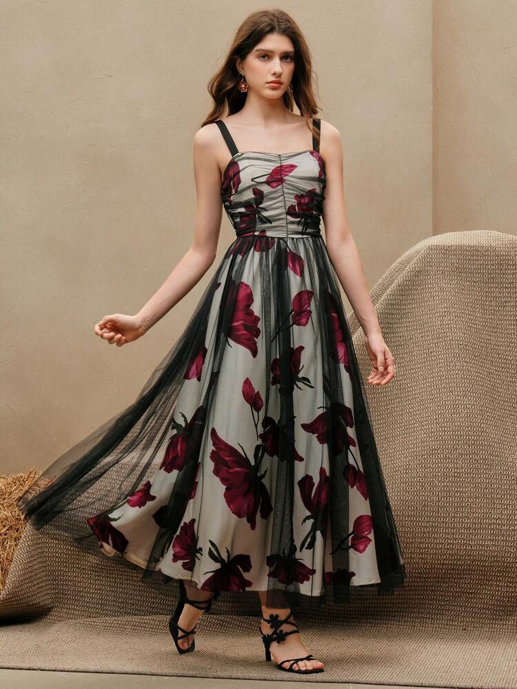 Robe longue d'été pour femme, motif élégant et sexy d'impression de rose de haute qualité. Convient pour l'été, les festivals, les vacances, les sorties élégantes, les sorties en amoureux.