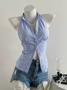 Elamini Women's Casual Slim Fit Blue And White Striped Collarless Sleeveless Blouse