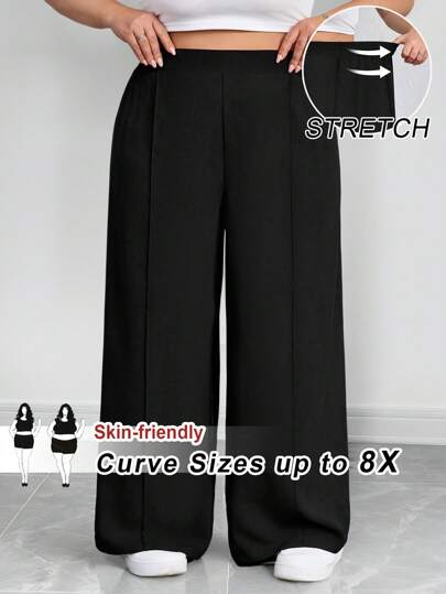 SHEIN CURVE+ Plus Size Women's Solid Color Pleated Pants, Black Loose Wide Leg Pants, Curve Plus, Boho Vacation