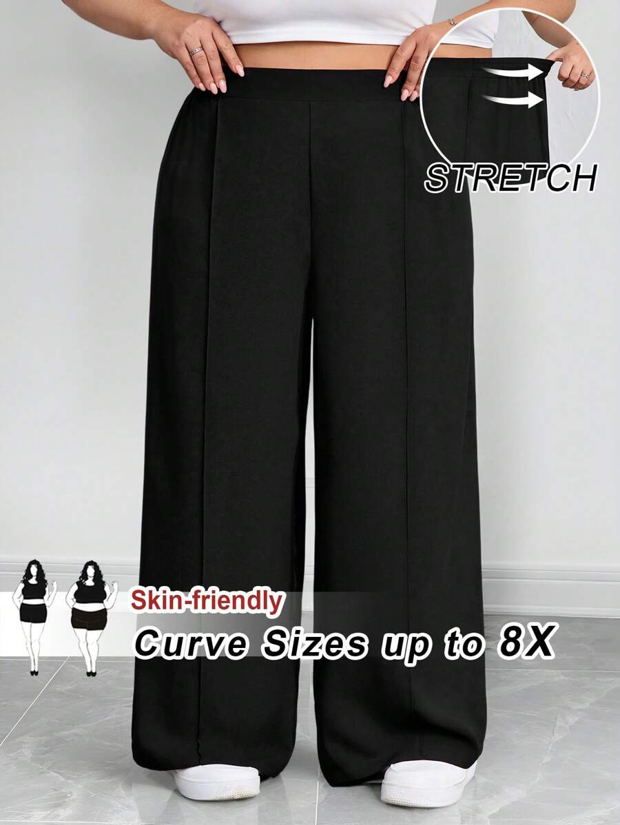 SHEIN CURVE+ Plus Size Women's Solid Color Pleated Pants, Black Loose Wide Leg Pants, Curve Plus, Boho Vacation