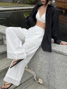 DAZY 纯色宽松蕾丝拼布松紧腰阔腿裤，休闲夏季女长裤 - 白色 - 查看 4
