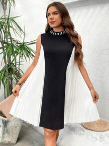 SHEIN LUNE SHEINLUNE Damen Große Größen Midi-Kleid im A-Linie Stil mit Farbblockmustern und Perlenbesatz, Sommeroutfit für Frauen, süße Sommerkleider für Frauen, Abschlusskleid, Brunch-Outfit für Frauen, Kreuzfahrt-Outfit für Frauen, Fairycore elegante Outfits für Frauen - Schwarz - Übersicht 5