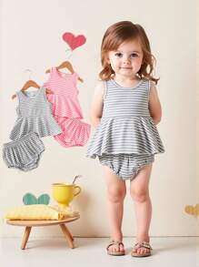 2pcs Baby Girl Summer Striped Top And Pants Sets - Multicolor - View 3