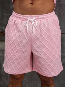 Manfinity RSRT Men's Jacquard Texture Short Sleeve Suit Set, Summer - Pink - View 6