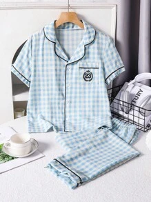 青少年男童两件套睡衣套装 - 格子皱褶印花撞色边舒适短袖衬衫和裤子家居服 - 藍白色 - 查看 3