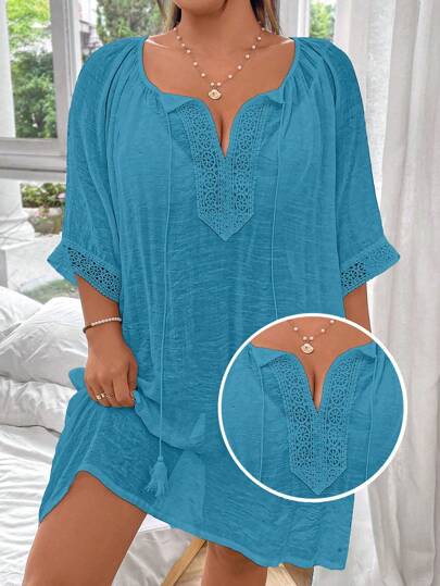 Swim Lushoire 1pc Plus Size Women Solid Color Drawstring Loose Comfortable Cover Up For Summer Beach Vacation