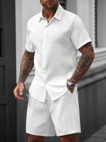 Manfinity CasualCool Men's Solid Color Short Sleeve Shirt And Shorts Set, Casual Men Summer Outfits Men Shirt Co Ords Men Summer Outfits Men Shirt Co Ords Man Clothes Men Shirt Co Ords Sets For Men Men Shirt Co Ords - White - View 5