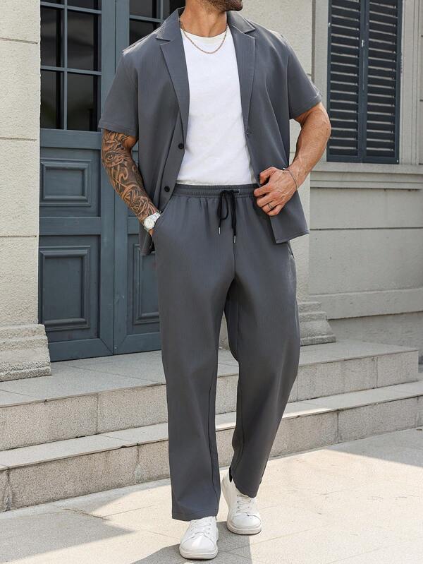 Manfinity Homme Plus Size Men's Shirt And Pants Set, Fashionable For Summer