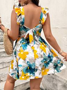 Breezaya Plus Size Women Tie-Up Ruffle Sleeve Floral Print Dress - Multicolor - View 3