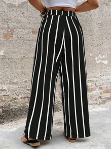 Vionelle Plus Size Vintage Textured Black White Striped Casual Wide Leg Pants, Fashionable & Versatile Fall Cloth For Women - Black - View 2
