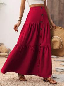 Breezaya Solid Color Front Button Maxi Skirt Vacation Beach Fall Cloth For Women - Red - View 5