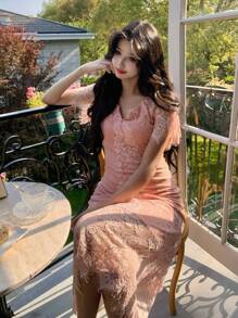 DAZY Rochie midi cu mâneci cu volane, culoare umbrită, pentru femei - Verde - Vizualizare 6