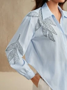 Anewsta Áo sơ mi cổ đứng tay dài đính đá Rhinestone thanh lịch dành cho nữ công sở, thích hợp cho lễ hội, ngày lễ, mùa xuân, phong cách thành thị - Màu xanh lam - Xem 2