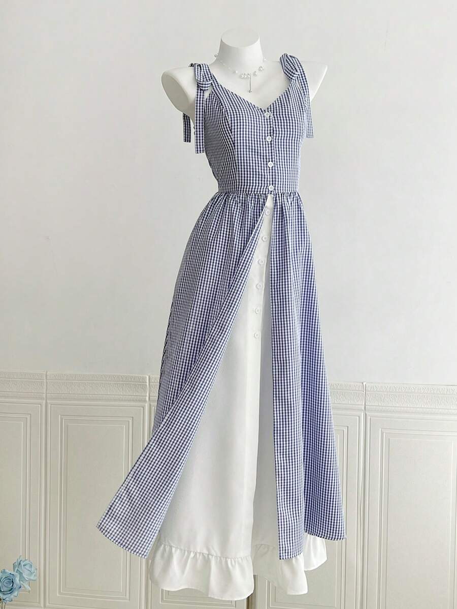 Elamini 女式休闲夏季格子拼布二合一连衣裙 - 藍白色 - 查看 1