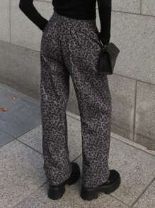 Women's Fashion Leopard Print Pocket Straight Leg Pants - Brown - View 2