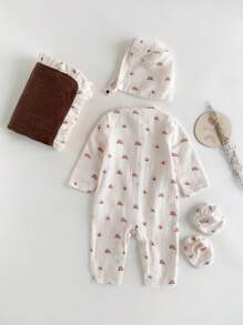 SHEIN Newborn Baby 4-Piece Set: Cartoon Sun Print Long Sleeve Jumpsuit, Hat, And Swaddle Blanket - Apricot - View 2