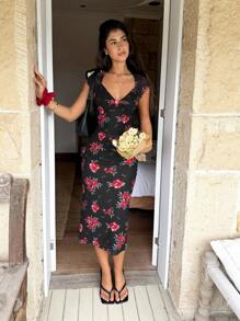 SHEIN Frenchy 女士优雅法式玫瑰花卉网眼面料修身中长连衣裙，优雅夏季女士毕业礼服，女士沙滩装，复活节礼服，女士毕业礼服，狂欢装 - 黑色 - 查看 4