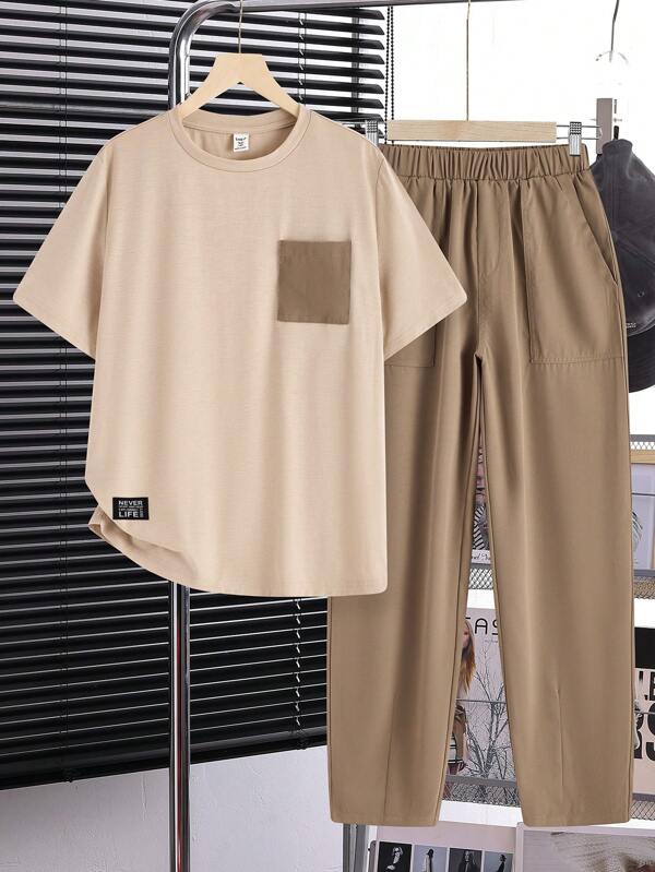 SHEIN Set de 2 piezas de Top de manga corta y pantalón casual, cómodo y versátil con contraste de color para niños adolescentes