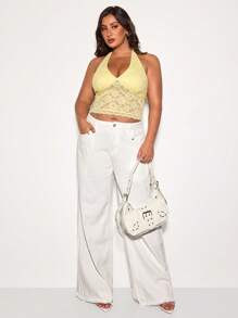 SHEIN BAE Top d'été en dentelle sexy et mignon, col en V, dos nu, style bohème. Convient pour les femmes, les grandes tailles, les vacances d'été, les sorties, les festivals de musique, les fêtes, les concerts, les carnavals. Couleur jaune beurre.