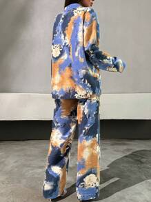 SHEIN Conjunto de 2 piezas con camisa de manga larga y pantalones con estampado floral y botón con piedra para damas