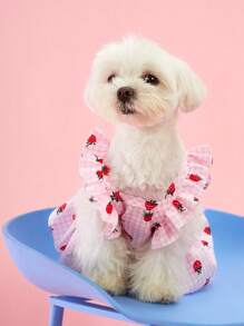 PETSIN 1 件宠物狗和猫通用花卉格子草莓印花可爱盖袖连衣裙，甜美乡村风格 - 彩色 - 查看 3