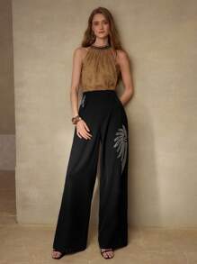 MOTF PREMIUM RHINESTONE WIDE LEG PANTS - Black - View 4