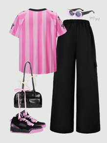 SHEIN Set de 2 piezas: Camiseta con estampado de números y letras con lazo de baloncesto para adolescente, y pantalones cargo negros con bolsillos como conjunto casual de calle