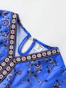 Vestido de niña con escote en V, parches y estampado floral diminuto, estilo largo, albornoz adecuado para vacaciones, primavera y verano - Multicolor - Ver 4