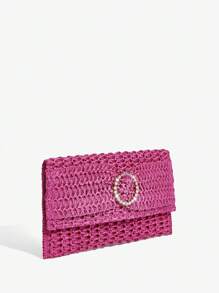 SHEIN SXY Ladies, Women Clutchs, Straw Bag, Tassels, Fashionable, Elegant, Simple, Personalized, Versatile, For Beach, Vacation, Holiday, Summer, Seaside Straw Woven Bag - Hot Pink - View 4