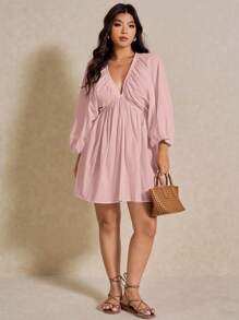 Elaquor Vestido informal de talla grande para vacaciones, de unicolor y manga de farol - Rosa vieja - Ver 3