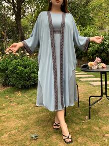 Dazy Plus 2pcs Set: Plus Size Loose Patchwork Placket Smock & Spaghetti Strap Dress Carnival - Baby Blue - View 4