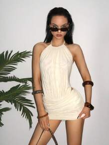 EgrlEra Robe de vacances sexy et effrontée à col ras-du-cou sans dos pour femmes - Beige - Voir 4